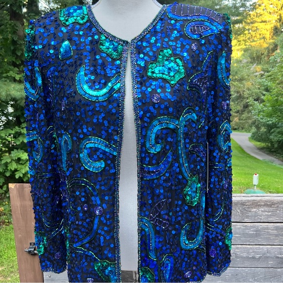 Vintage Laurence Kazar full Sequin and Beaded Blue and Green Silk Blazer Jacket - Picture 4 of 17
